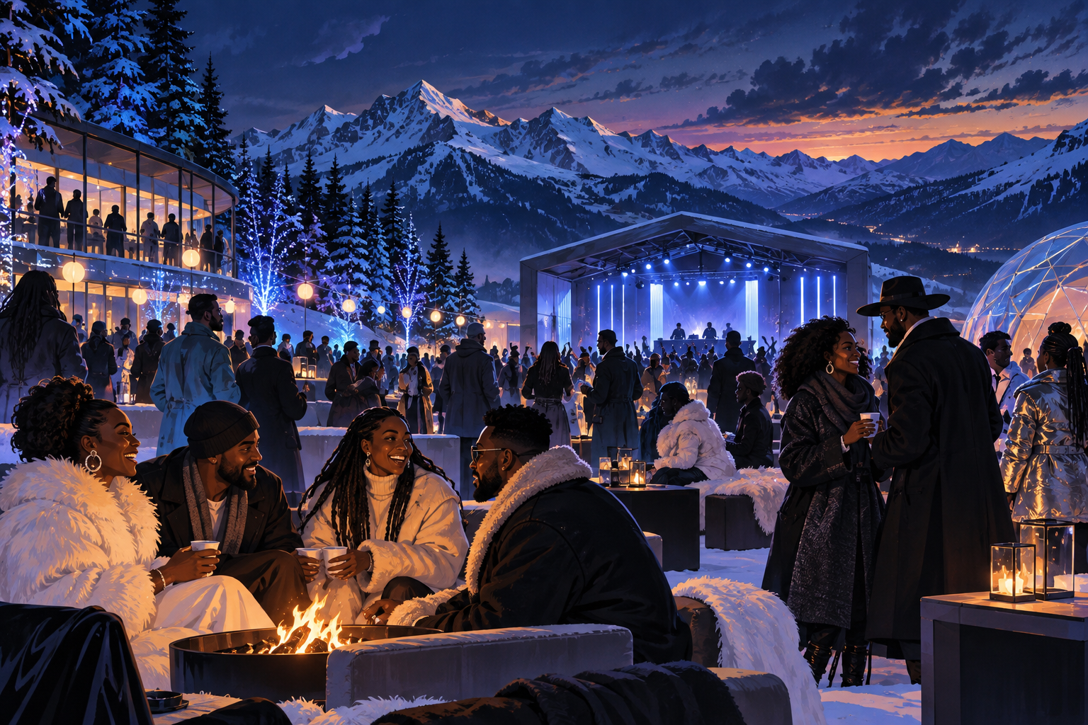 Illustration of a connected Black community gathering in a winter mountain setting