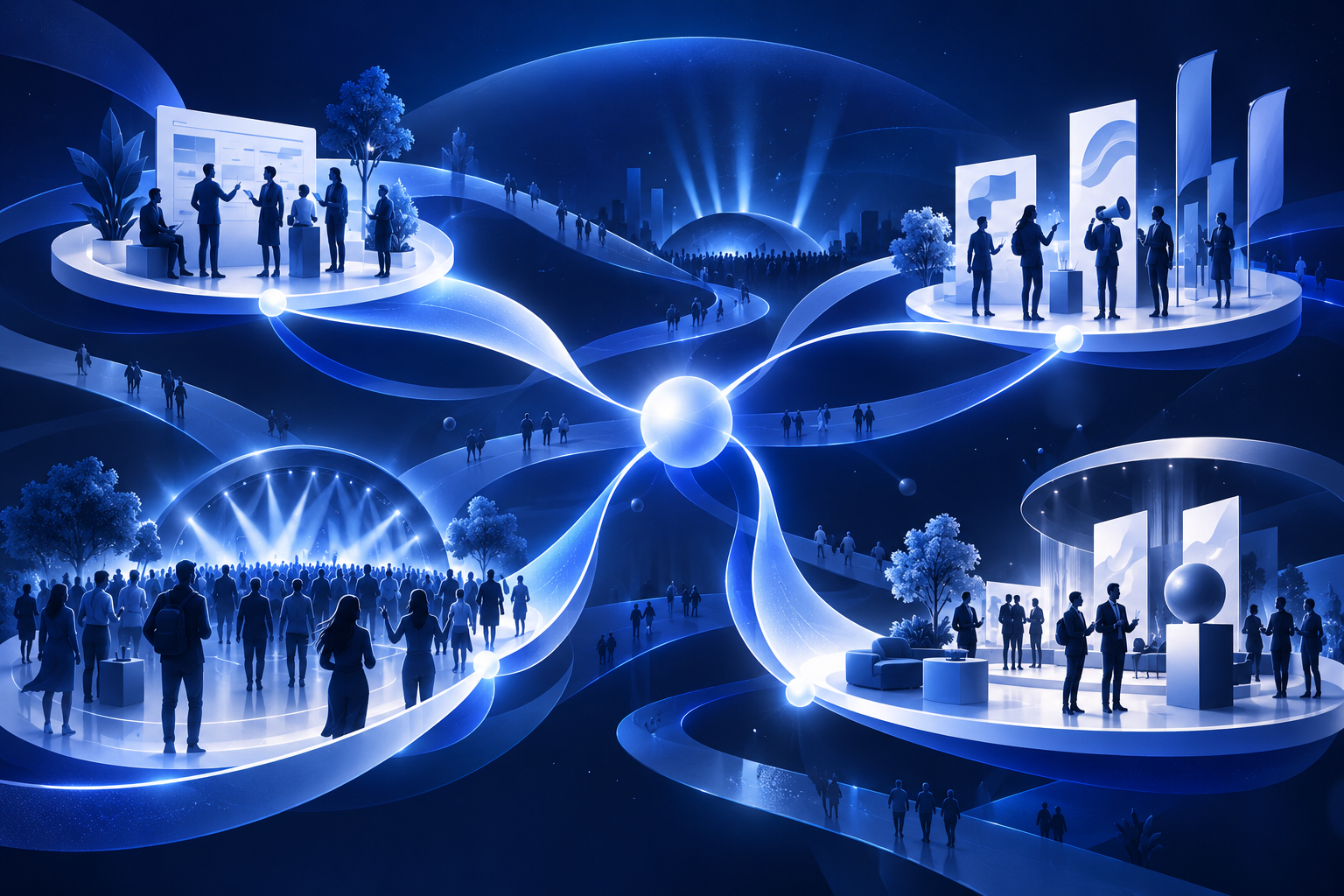 Abstract illustration of connected organizers, promoters, attendees and sponsors